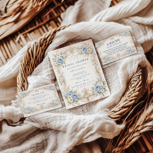 Cartão De Agradecimento Chá de Noiva Barroco Rosa Azul Empoeirado