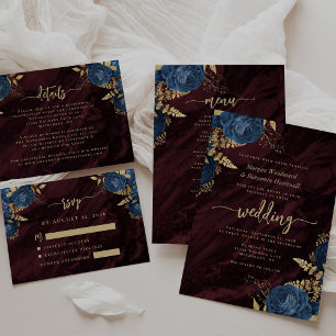 Convite Casamento Floral Burgundy Azul Naval Elegante Dour