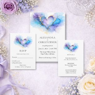 Convite de Casamento Coração Abstrato Azul Roxo Do