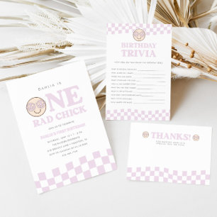 Convite Groovy Girl Checked Happy Face   PRIMEIRO ANIVERSA