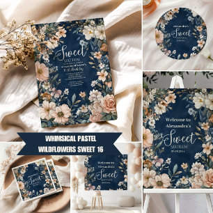 Prato De Papel Marinho Azul Pastel Flores Selvagens Doce 16