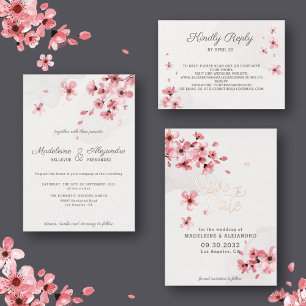 Cartão RSVP Código QR Casamento floral de cereja cor-de-rosa