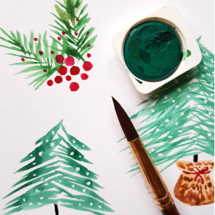 Cartão Postal De Festividades Pintado À Mão De Água Pinheiros Pintados E Berry V