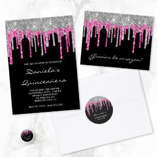 Cartão Postal Glitter Rosa-Rosa-Preto Quinceañera Gracias