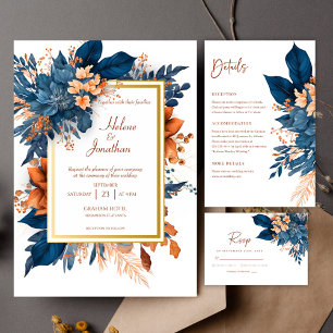 Cartão RSVP Casamento Floral Moderno Indigo Rust