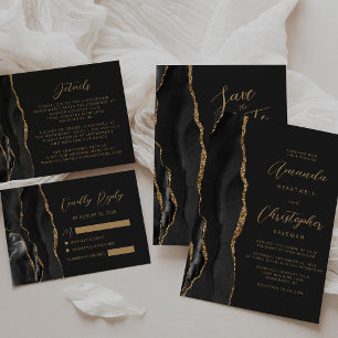 Cartão RSVP Casamento Dourado de Agate Negro Moderno