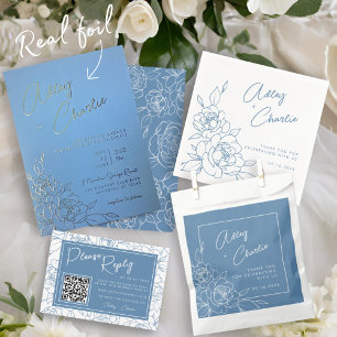 Convite Casamento de Desenho de Linha Botânica Dusty Blue 