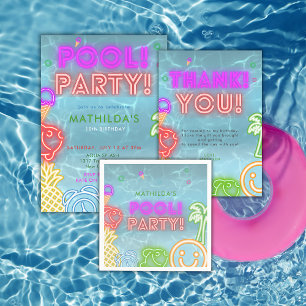 Convite Festa de Aniversário na Piscina com Neon para Toda