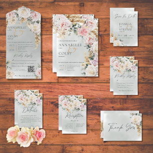 Cartão RSVP Boho Pampas e Rosas Rosa Casamento Verde