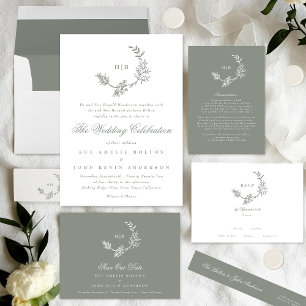 Cartão RSVP Floral Sage Green Monograma Classic Wreath