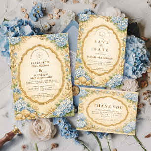 Cartão De Agradecimento Casamento Náutico Vintage com Hortênsias