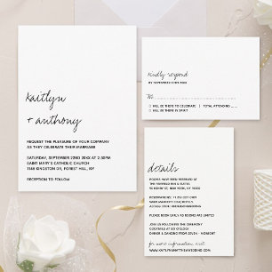 Cartão De Informações Casamento Minimalista de Script Preto e Branco Mod