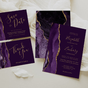 Cartão RSVP Casamento Escuro Dourado de Agate Roxo Moderno