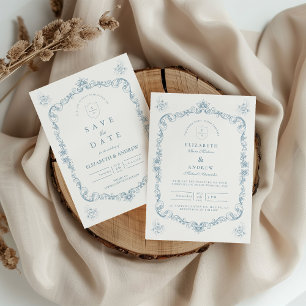 Reserve A Data Casamento de Arte em Linha Barroca Azul Empoeirado