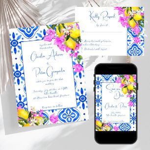 Convite Azulejos azuis Bougainvillea limões elegantes casa