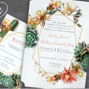 Convite Geométrica Dourada Suculenta de Cactus no Deserto