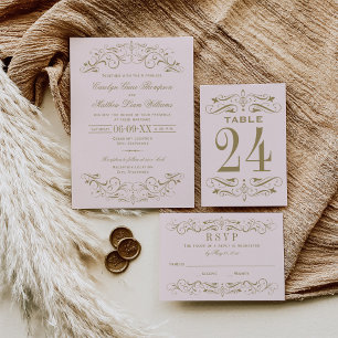 Cartão RSVP Vintage Pink e Antiguamente Dourado Casamento Farm