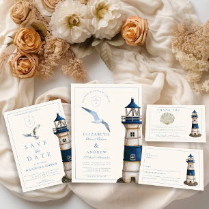 Cartão De Informações Casamento de Farol Náutico Elegante de Aquarela
