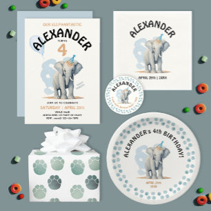 Papel De Presente Cinza de Elefante-Bebê-Azul-Cachorro Pegadas Aquar