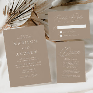 Convite Moderno Casamento Elegante em Taupe com Letra de F