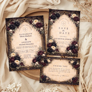 Convite Noiva Floral de Crânio Gótico Sombrio