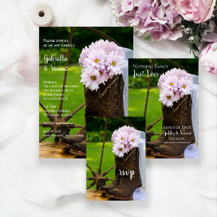 Rustic Pink Daisies Cowboy Boots RSVP Card Casamen
