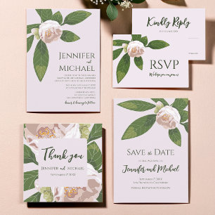 Cartão RSVP Camellia e Greenery Simple Elegante