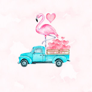 Convite Vintage Truck Pink Flamingo Hearts Chá de fraldas