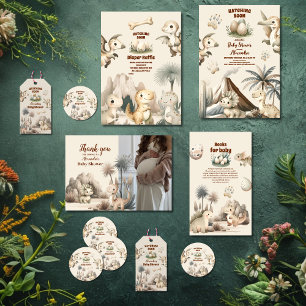 Cartão De Informações Boho Cute Hatching Soon Dinossaur Livros para Bebê