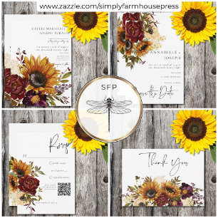 Convite Rústico Verão Sunflower e Borgonha Floral