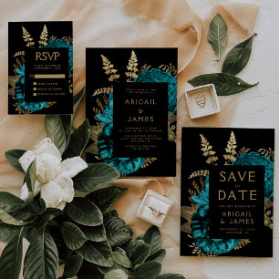 Cartão De Informações Moody Dark Floral Turquesa Dourada Casamento RSVP
