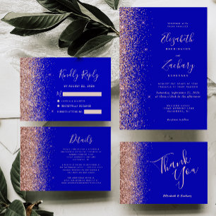Convite Casamento de Borda Glitter Dourada com Rosa Azul R