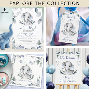 Convite Elefante Blue Boy Chá de fraldas Watercolor Greene