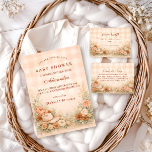 Convite Chá de Bebê Floral Western Xadrez de Pêssego