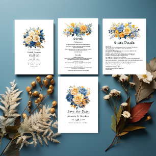 Convite Casamento Floral Azul e Dourado