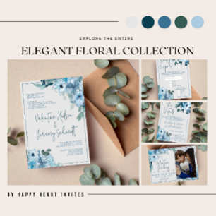 Convite Casamento de Flores Azuis Elegantes