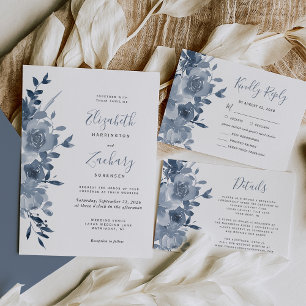 Cartão RSVP Casamento Azul com Dusty Floral de Watercolor