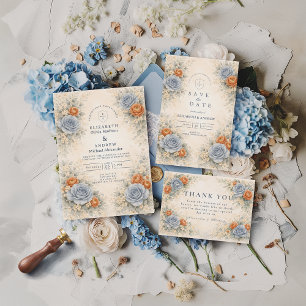 Cartão RSVP Casamento Botânico Rosa Azul