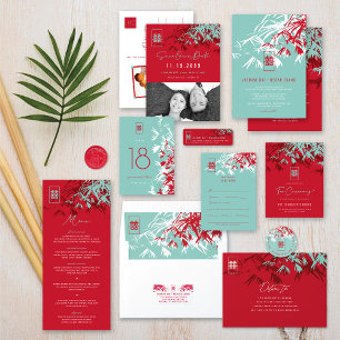 Convite Red & Turquoise Bamboo deixa casamento chinês Zen