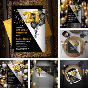 Convite Balões Negros Elegantes   Parte aniversário de 21 