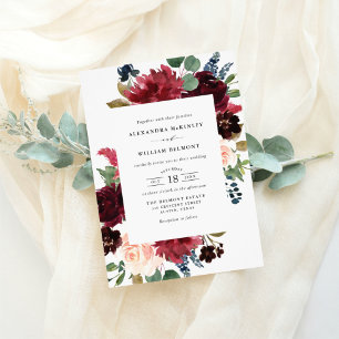 Convite Casamento de Watercolor Burgundy e Flores Azuis