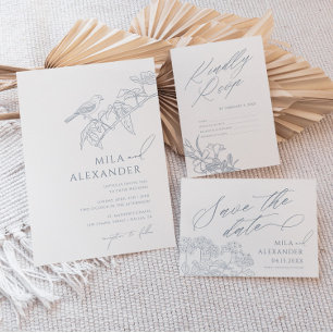 Convite Dusty Blue Vintage Floral Songbird Wedding