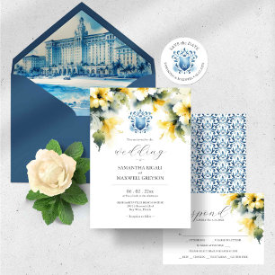Convite Monograma Casamento Azul e Amarelo