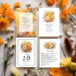 Convite Casamento Floral Amarelo, Laranja e Marfim