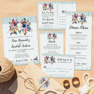Rustic Floral Cow Skull Bohemian Casamento RSVP
