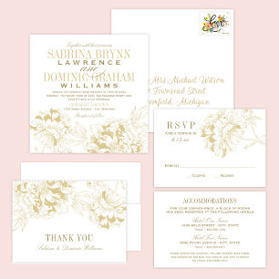 Cartão De Agradecimento Monograma de Casamento Floral Dourado Elegante