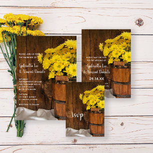 Cartão RSVP Balde de madeira Yellow Daisies Country Weding RSV