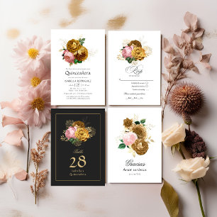 Cartão RSVP Vintage Blush Pink e Dourada Quinceañera Floral