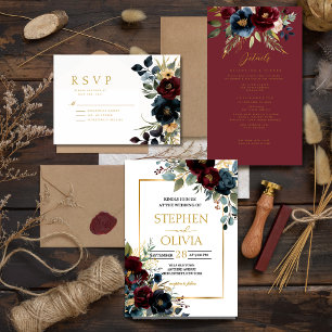 Convite Casamento de Elegante Burgundy Floral Blooms & Gre