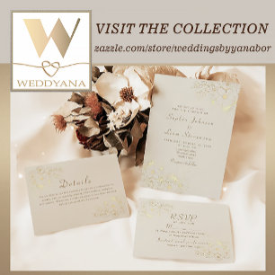 Convite Casamento Floral Vintage Marfim e Dourado